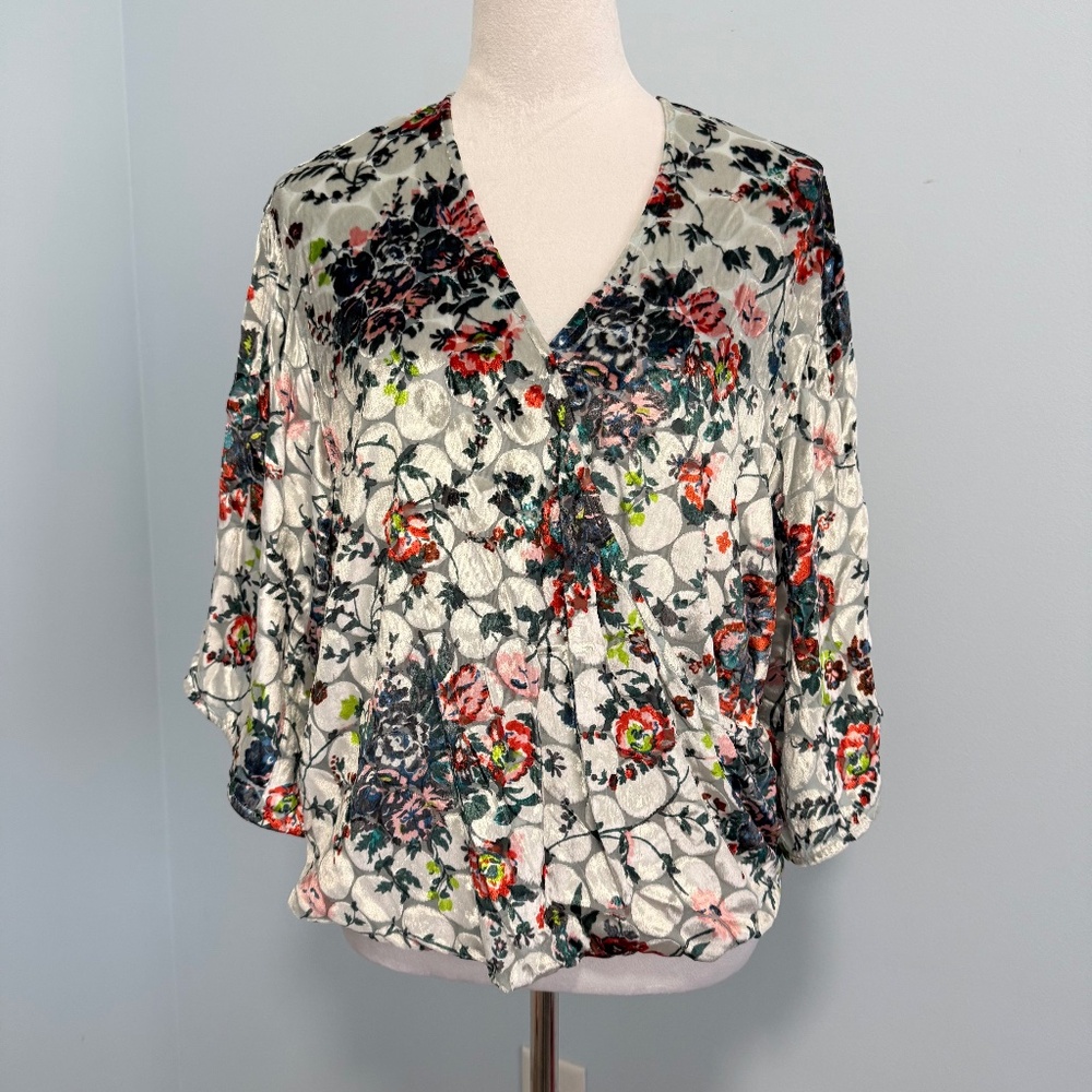 Maeve Silk Blend Wrap Floral Velvet Top Blouse Size S